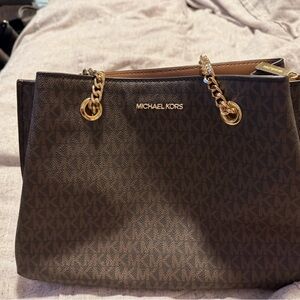 Michael Kors Dark Brown Signature Shoulder Tote with Gold Hardware